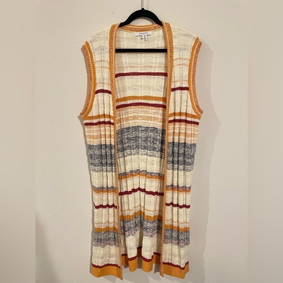 Foxcroft Women Knit Vest Size Large White Nico Striped Open Front Longline Boho - Picture 4 of 13